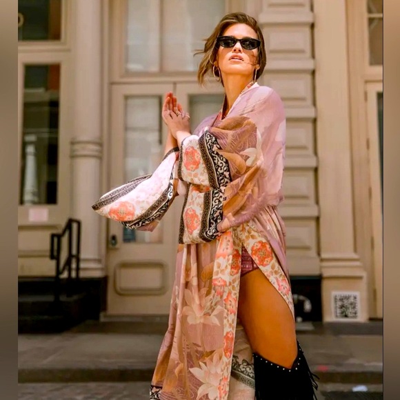 🦩🌴 Pink Flamingo Floral Kimono Swim Coverup ~ Brand New - Picture 3 of 17